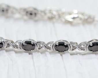 Thai Black Spinel Tennis Bracelet in Platinum Over 925 Sterling Silver Multi Stone Bracelet Vintage Jewelry