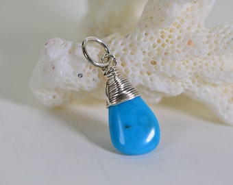 Sleeping Beauty Turquoise Drop Pendant Wire Wrapped Sterling silver Birthstone Charm