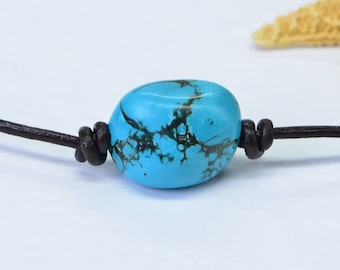 BlueTurquoise Necklace Pendant Leather Necklace Choker Necklace Western Style Jewelry Single Stone On Leather cord