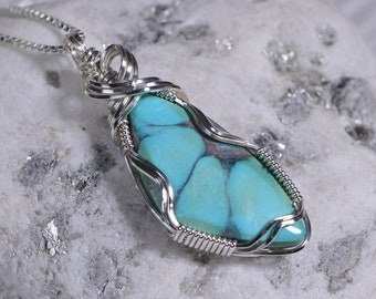 Wire Wrapped Genuine Turquoise Pendant Sterling Silver Wire  Turquoise Jewelry Birthstone For December