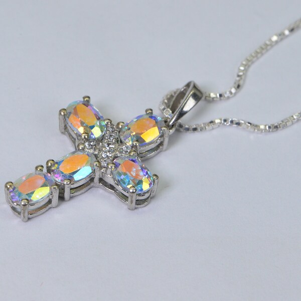 Mercury Mist Topaz Cross Pendant  Sparkly sterling silver  Gemstone Topaz Simulated Diamond  Cluster Cross Pendant Birthstone November