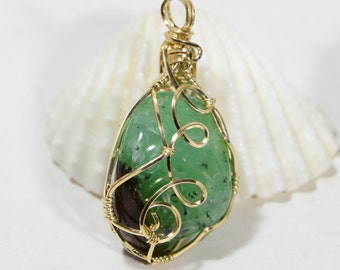 Raw Chrysoprase Tumbled Wire Wrapped 14K Yellow Gold Filled Tumbled Stone Row Stone Crystals Healing ,Metaphysical