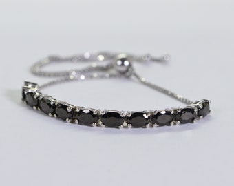 Black Tourmaline Round Stone Bracelet Sterling Silver  Bolo Adjustable Anniversary Bracelet Black Diamond Bracelet For Man