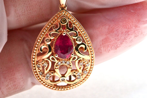 Natural Ruby and Diamond Rose Gold Necklace Penda… - image 2