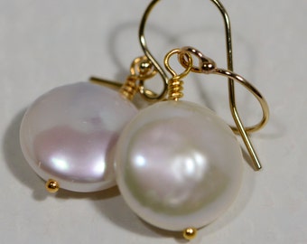 Freshwater  Coin Pearl Earrings, Gold Pearl Earrings, Luxury AAA Pearls  Bridesmaid Gifts, Bridal party favors