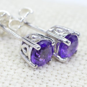 Round  Cut Natural Amethyst Sterling Silver Stud Earrings Birthstone February Gemstone Purple Prong Setting Round Post Earrings Gift Idea