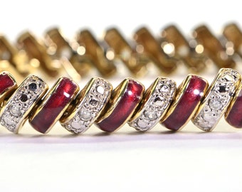14K Gold Red Coral&Diamond Tennis Bracelet Baguette Bracelet, Dome Bracelet, Red and Gold, Gift Idea For Women Vintage Bracelet