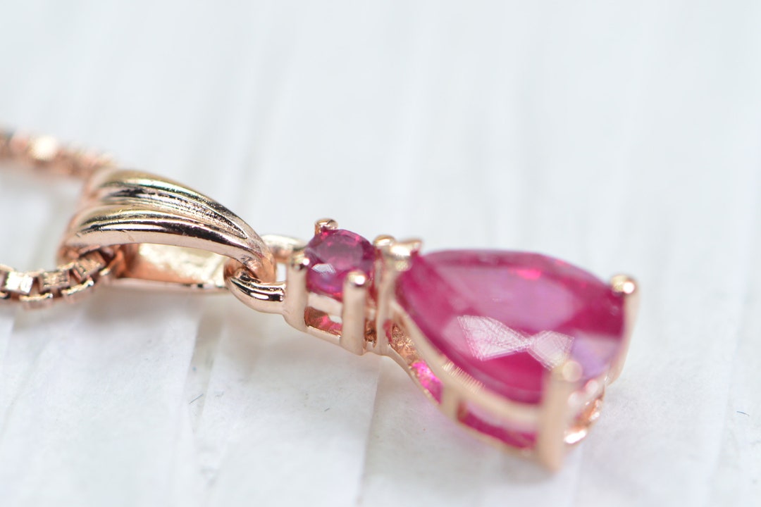 Natural Ruby Teardrop Pendant Necklace 14K Rose Gold Vermeil Corundum