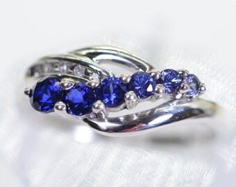 Sapphire and Diamond Band Ring 14K White Gold over Sterling Silver Engagement Sapphire Ring