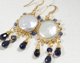 Gemstone Earrings Pearl Earrings Iolite Earrings Wire Wrapped 14K Gold Filled Jewelry