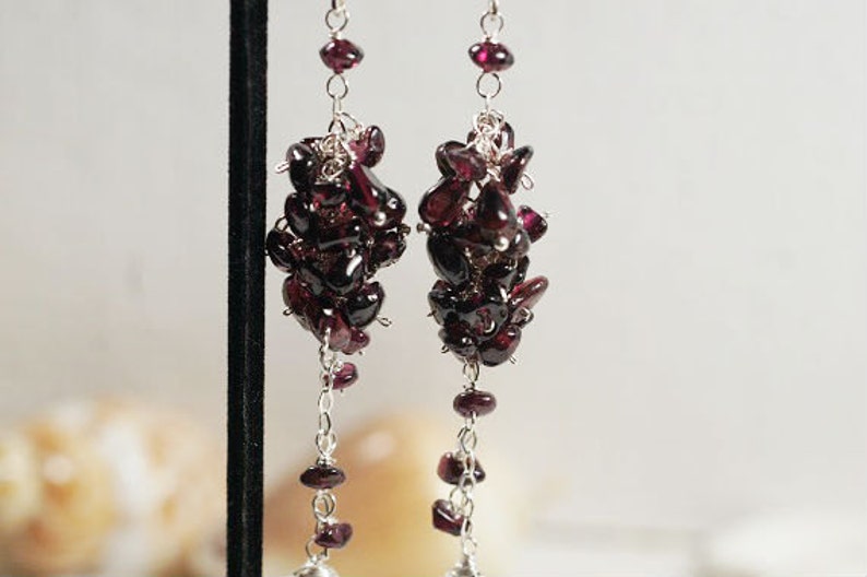 Garnet Red Earrings Long Cluster Earrings Natural Garnet On Sterling silver Birthstone For January Gemstone Earrings image 4