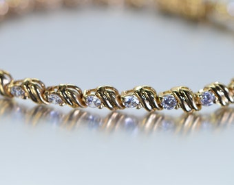 Simulated Diamond Gold Tennis Bracelet 18K Yellow Gold Over Sterling Silver Glamor Sparkly Wedding Bracelet Gift For Women Delicate Bracelet