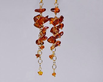 Baltic Amber Earrings 14K Gold Wire Wrapping Gemstone Earrings Long Cluster Honey Gold Earrings