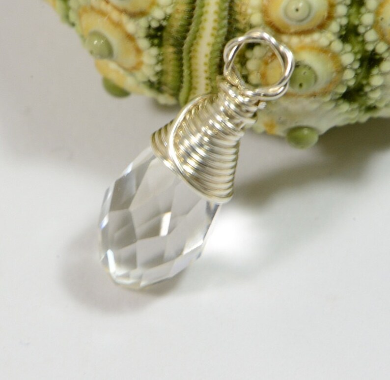 Clear Teardrop wire wrapped on sterling silver Birthstone Charm Personalized Pendant