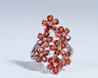 Padparadscha Sapphire Flower Ring, Sterling Silver Multi Stone Cluster
