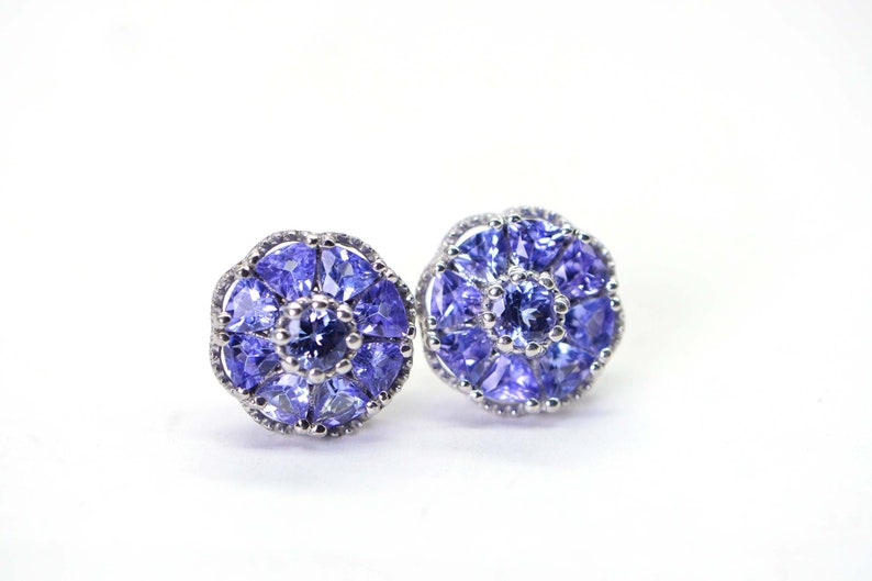 Genuine Tanzanite Flower Stud Earrings Trillion Cut Cluster Post Earrings Sterling Silver Birthstone December