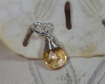Citrine Pendant Wire Wrap Sterling Silver Teardrop Gemstone Charm Petite   Birthstone Gift Gemstone Yellow Small Pendant Hand Made