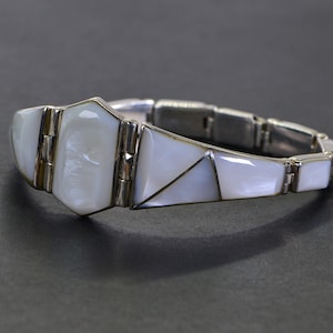 Vintage Mexico TN-181 950 Sterling Silver Bracelet Inly Mother of Pearl Multi-Inlay Wide Cuff White Gemstone  Bracelet Gift for Women