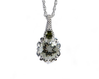 Green Amethyst Moldavite  Sterling Silver Pendant Necklace 20 inch Medium Size Round Stone Pendant Multi stone