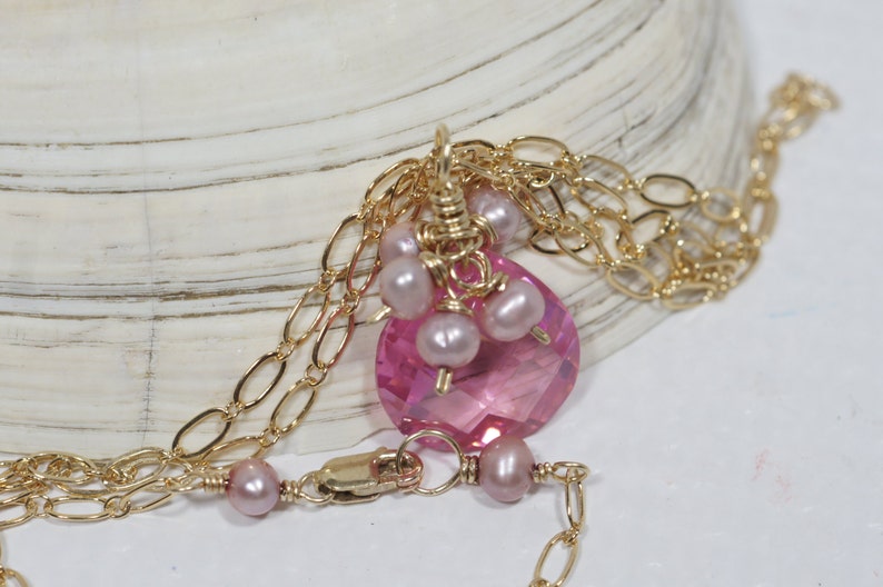 Pink Pearl and Cubic Zirconia Necklace 14k Gold Filled Jewelry Gemstone Necklace image 3