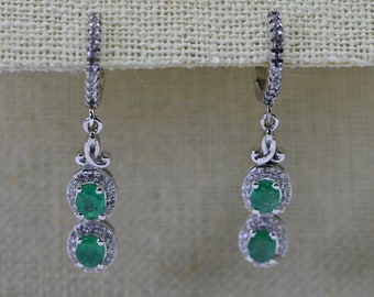 Colombian Emerald Earrings/ Chain Earrings/Emerald dangle Earrings Halo Style Latch Back Earrings Birthstone May Genuine Emerald Earrings