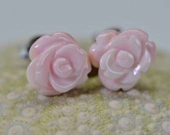 genuine Queen Conch Baby Pink Shell Carved Rose Stud Earrings Sterling Silver  Pink Floral Post Light Pink Rose Earrings