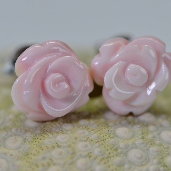 genuine Queen Conch Baby Pink Shell Carved Rose Stud Earrings Sterling Silver  Pink Floral Post Light Pink Rose Earrings