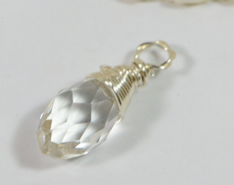 Clear Teardrop wire wrapped on sterling silver Birthstone Charm Personalized Pendant