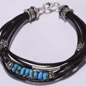 Kingman Turquoise Leather bracelet  Multi Strand Bracelet Bangle Bracelet Boho Jewelry Hippie Bracelet