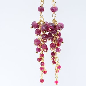 May include: A pair of long, dangling earrings with a cluster of ruby red gemstones hanging from each. The earrings are made with gold chain and have a delicate, feminine look.