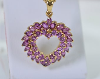 Vintage Open Heart Pendant Purple Garnet  14K Gold Vermeil Necklace