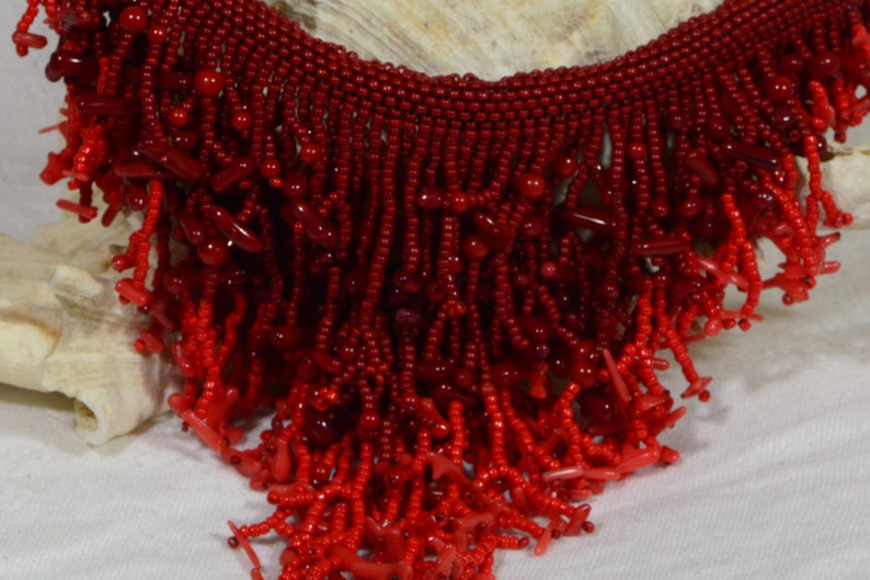 Natural Red Coral Necklace Coral Statement Necklace Beaded Choker Boho Necklace Bib Necklaces Fringe Necklaces Beach Necklace Multi Color image 3