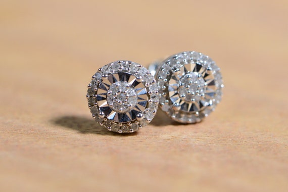 Natural Diamond Round  Stud Earrings 14K White Go… - image 1