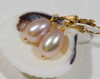 Peach Pearl Earrings Drop Earrings Handmade wire wrapped 14 K gold Filled  Pearl Jewelry Wedding Earrings