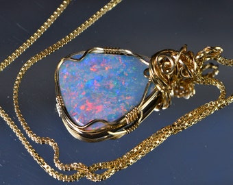 Rainbow Australian Opal Pendant  Necklace 14k Gold Wire Wrapped Opal Stone Jewelry Anniversary Gift For Women Birthstone October Large Opal