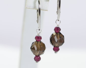 Natural Smokey Quartz Garnet Dangle Earrings Sterling Silver Oval Hoop Earrings Drop Gemstone Earrings  Gift For Women