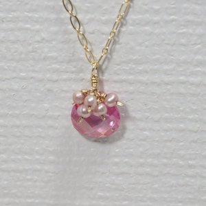 Pink Pearl and Cubic Zirconia Necklace 14k Gold Filled Jewelry Gemstone Necklace image 4