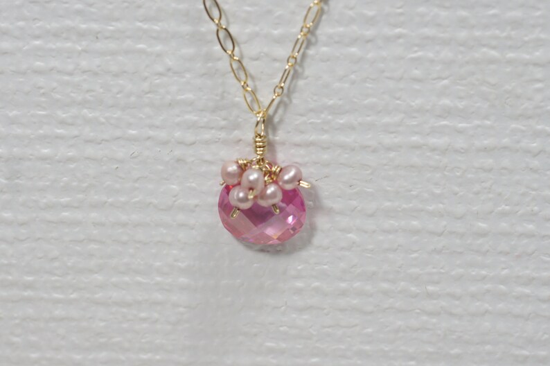 Pink Pearl and Cubic Zirconia Necklace 14k Gold Filled Jewelry Gemstone Necklace image 4
