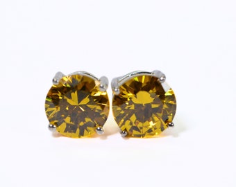 Yellow Diamond Large Round Stone Stud Earrings 14K White Gold Over Sterling Silver Yellow Crystal Round 12mm Studs