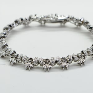 Real Diamond Bracelet Christmas Bow Design Tennis Sterling Silver Milgrain Bracelet, Gift For Mother, Vintage Bracelet