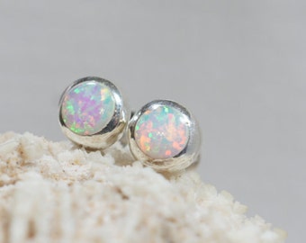 White Opal Stud Earrings, Sterling Silver Posts, Tiny 6mm