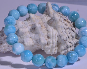 Genuine Larimar Bracelet  Hawaii 10mm Beads  Stretch  Bracelet Luxury Blue Gemstone From Dominican Republic  Larimar Jewelry