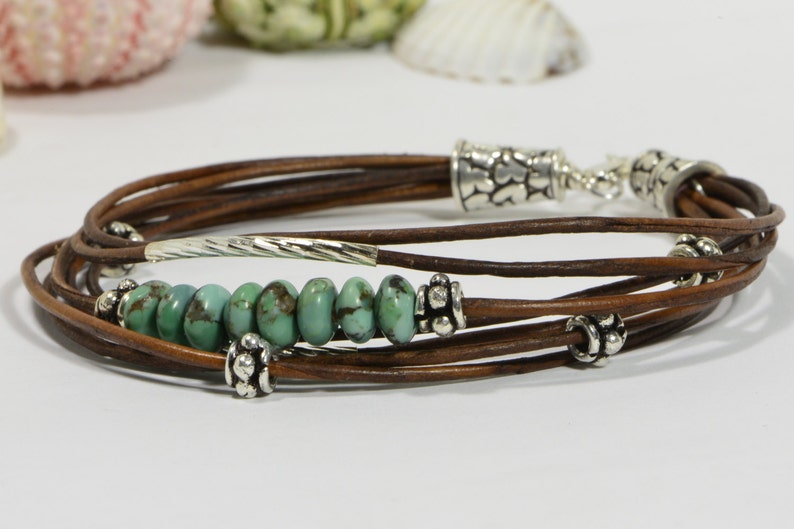 Nevada Turquoise Leather bracelet Multi Strand Bracelet Bangle Bracelet Boho Jewelry Hippie Bracelet image 5