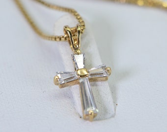 Baguette Diamond Tiny Cross 14K Gold Over  Sterling Silver Small Religious Cross Pendant Necklace