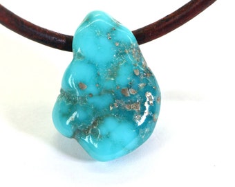 Raw Turquoise with Pyrite  Large Nugget Necklace - 37ct Single Stone on Leather - Men's Choker Gemstone Necklace