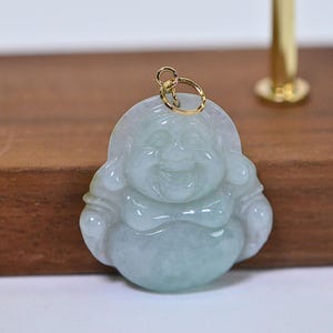 Natural Ice Green Burmese Jade Carved Buddha Pendant 14K Solid Gold Small Pendant Laughing Buddha Pendant Green and White Jade Dainty