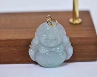 Burmese Jade Laughing Buddha Pendant: 14K Gold, Ice Green Carving