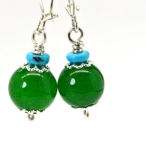 Green Jade Turquoise Sleeping Beauty Round Dangle Earrings Sterling silver