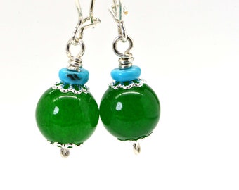 Green Jade Turquoise Sleeping Beauty Round Dangle Earrings Sterling silver