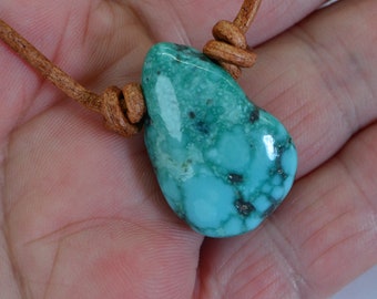 Raw Turquoise Large Nugget Necklace - 33ct Single Stone on Leather - Men's Choker Gemstone Necklace